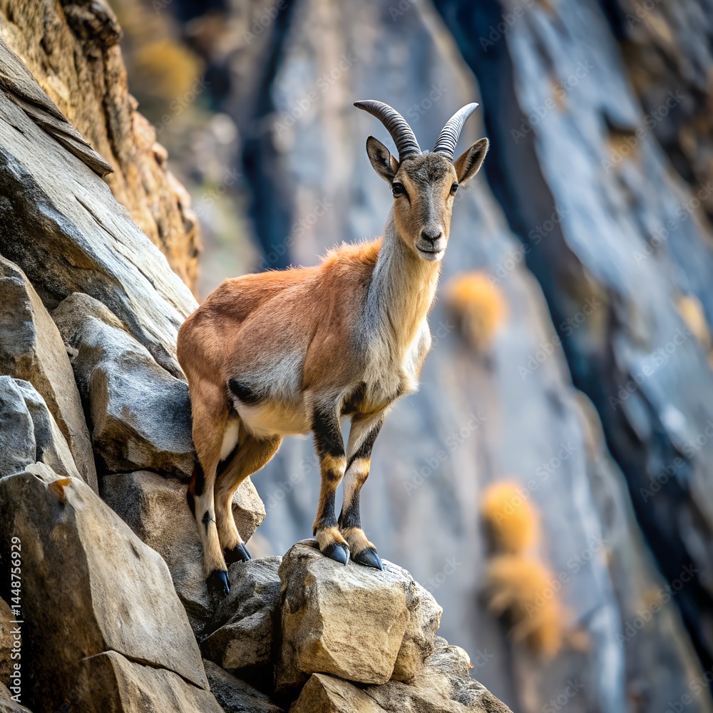 Obraz premium Markhor Climbing Rocky Cliffs Himalayan