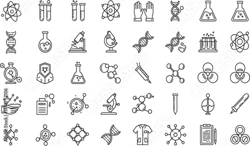 Chemistry, Laboratory Safety line icon set. Vector pictograms of scientific research, chemical experiments, lab equipment, molecule science, microscope, chemist