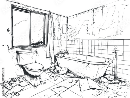 Dilapidated bathroom interior with broken toilet and bathtub surrounded by debris and damaged walls