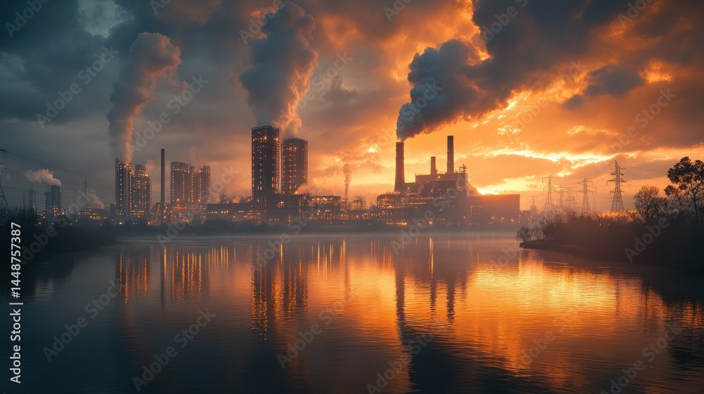 Industrial complex by a river at sunset with smoke Industrial complex by a river at sunset with smoke
