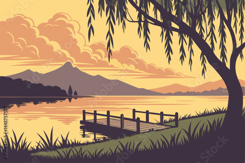 79 Serene lakeside sunset, golden hour, mountain silhouettes, calm water reflections, willow trees, wooden dock, lush green grass, dramatic cloudy sky, tranquil landscape, vibrant colors, photorealist