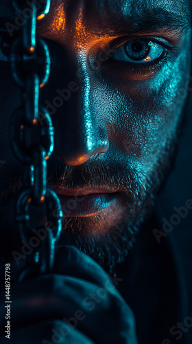 Close-up of man's face, partially obscured by chain, illuminated with teal and orange light, conveying themes of captivity or constraint