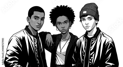 Stylized black and white illustration of three diverse young people in casual outfits