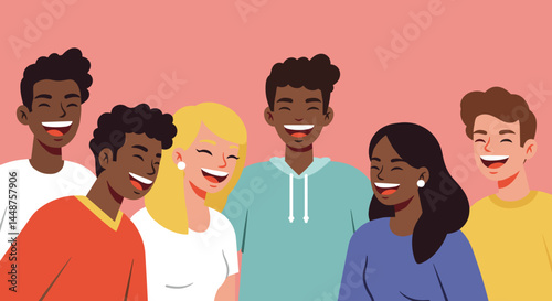 Cheerful illustration of a diverse group of young people laughing together against a pink background
