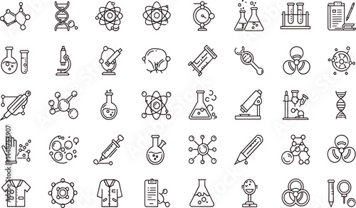 Chemistry, Laboratory Safety line icon set. Vector pictograms of scientific research, chemical experiments, lab equipment, molecule science, microscope, chemist