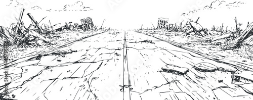 Black and white sketch of a destroyed road surrounded by rubble and ruined buildings in a post-apocalyptic landscape.