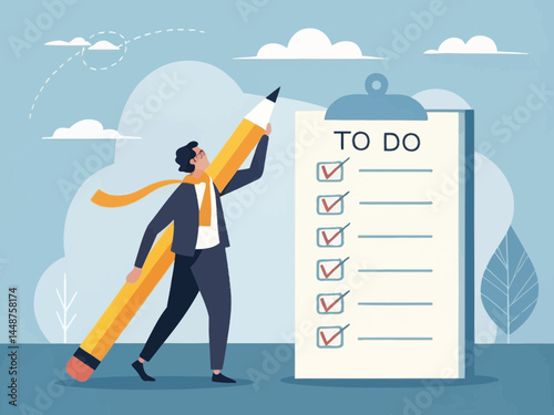 Man carrying a giant pencil next to a to do list with checked boxes in a light blue sky background