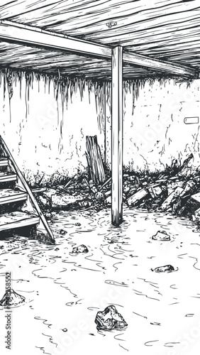 Flooded basement interior with water covering the floor, wooden support beam and stairs, showing damage and debris