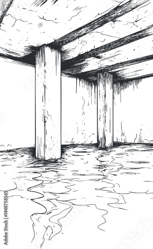 Black and white illustration of a flooded basement interior with structural columns and water damage