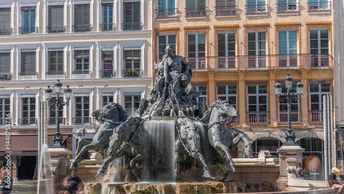 Hyperlapse of the Bartholdi Fountain, a symbol of Lyon, located on Place des Terreaux near City Hall. France