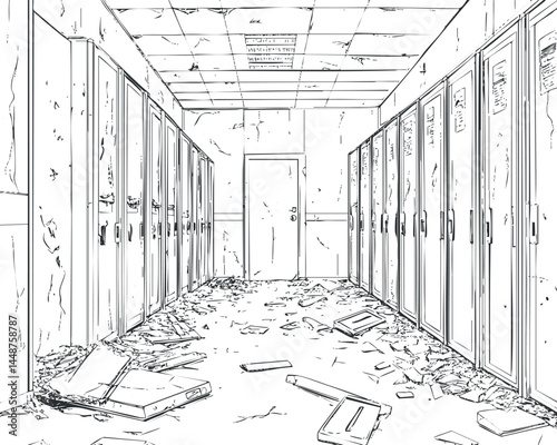 Abandoned school hallway with damaged lockers, cracked walls, debris scattered on floor, and broken ceiling panels.