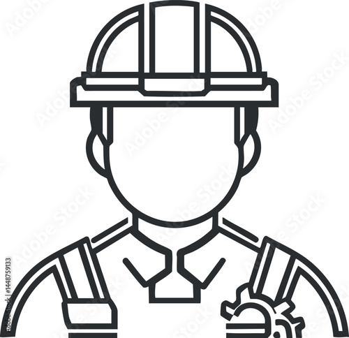 Line art illustration of a construction worker wearing a safety helmet and uniform, symbolizing industry and labor.