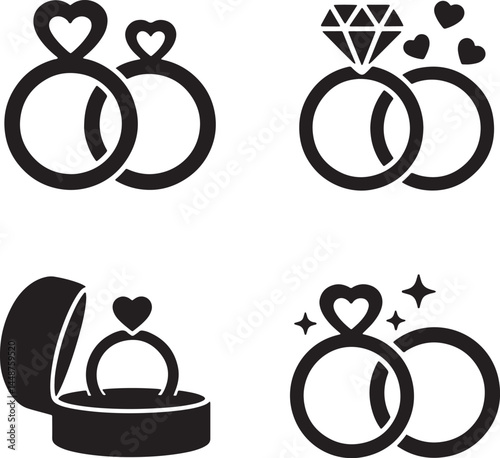 Wedding Ring silhouette set vector illustration isolated On Transparent Background