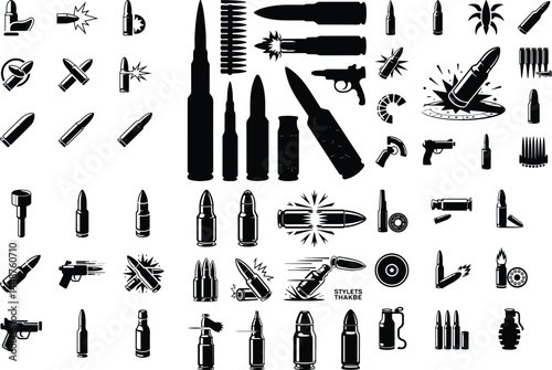 Combat Cartridge Silhouette Set | Bullet & Ammo Vector Collection Military Ammo Silhouettes | Bullet, Shell, Cartridge Icons Pack