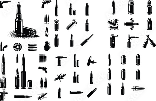 Combat Cartridge Silhouette Set | Bullet & Ammo Vector Collection Military Ammo Silhouettes | Bullet, Shell, Cartridge Icons Pack