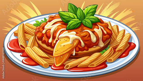 Golden crispy chicken parmesan melts into gooey cheese.
Served over penne pasta drenched in rich marinara sauce.
A heartwarming Italian-American favorite.
Perfect for warm, appetizing food vector art.