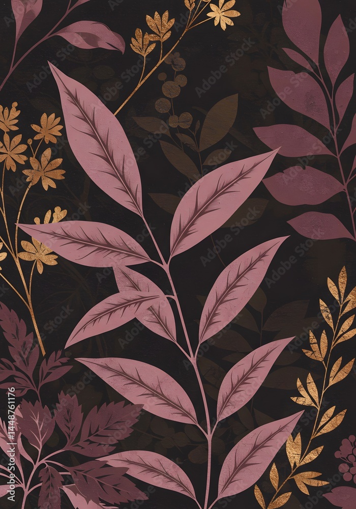 Sophisticated botanical artwork featuring mauve leaves and golden floral accents against a dark, textured backdrop creates a luxurious organic impression Sophisticated botanical artwork featuring mauve leaves and golden floral accents against a dark, textured backdrop creates a luxurious organic impression
