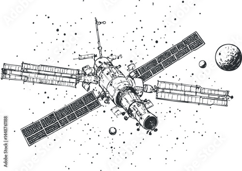 Black and white illustration of a satellite with solar panels orbiting in space among stars and planets