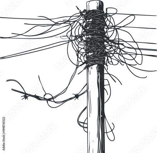 Illustration of a utility pole with tangled electric wires and cables showing messy overhead power lines.