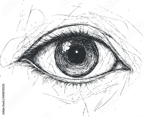 Hand-drawn sketch of a human eye with detailed iris, eyelashes, and eyelid in black and white.