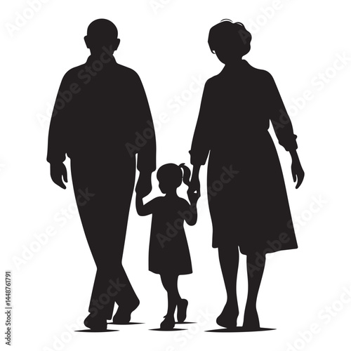 grandparents walking with granddaughter vector silhouette Illustration