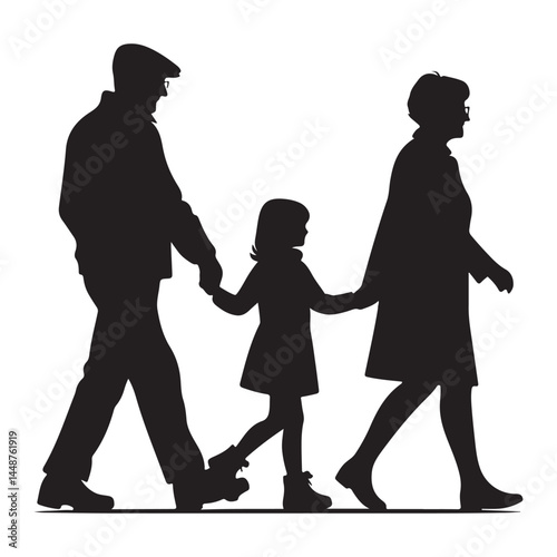 grandparents walking with granddaughter vector silhouette Illustration