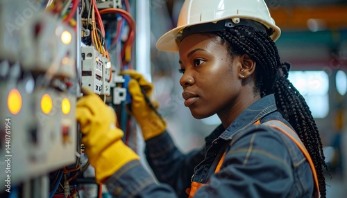 African Female Electrician Repairing Circuit Breaker in Industrial Setting