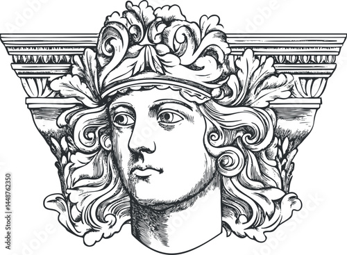 Detailed black and white classical architectural sculpture of a head with ornamental floral design