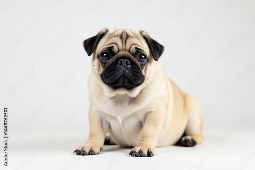 Obraz premium Adorable pug dog sits on white background, looking directly at camera, image, funny, animal