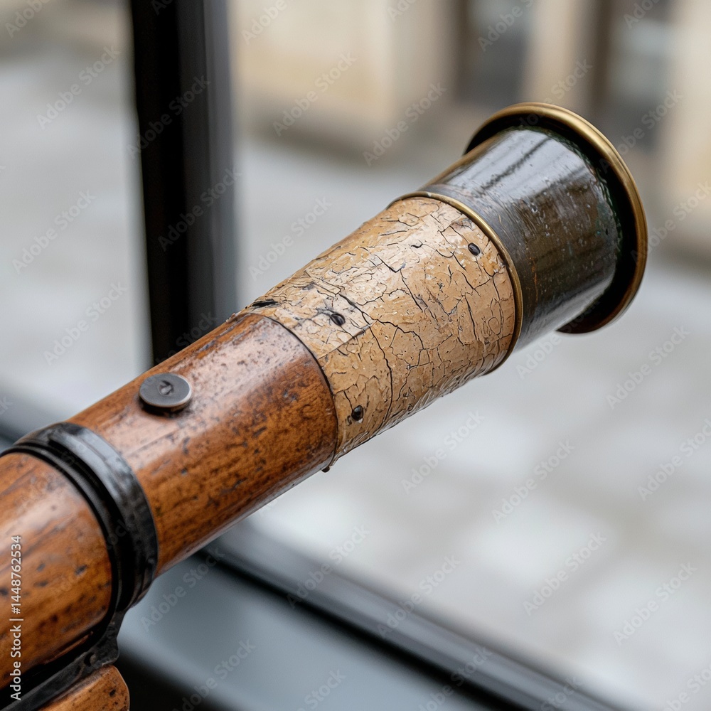 Obraz premium Antique Brass Telescope Close-Up: Aged Wood Texture and Historical Nautical Tool