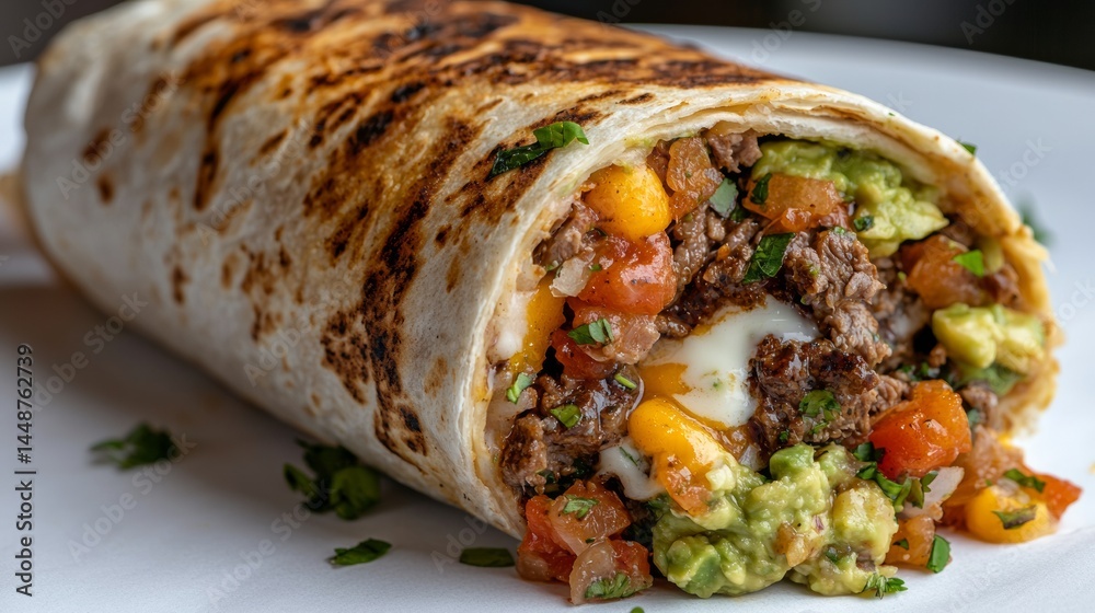 Delicious Beef Burrito with Guacamole, Cheese and Fresh Salsa Close Up Shot Delicious Beef Burrito with Guacamole, Cheese and Fresh Salsa Close Up Shot