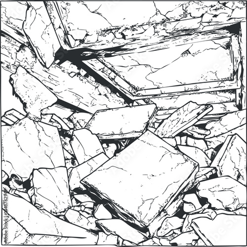 Black and white illustration of a pile of rubble and broken concrete debris from a collapsed structure