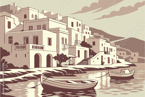 83 Mediterranean coastal town, white-washed buildings, reflective water, cubist architecture, Greek island aesthetic, watercolor painting style, muted earth tones, clustered houses, abstract reflectio