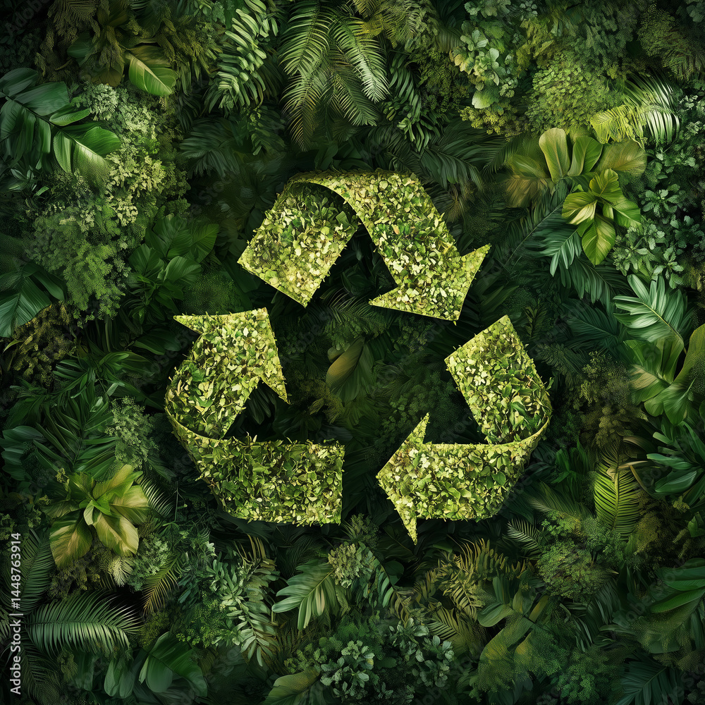 Ciclo de reciclagem com fundo verde arborizado, simbolizando a harmonia entre natureza e práticas sustentáveis. A foto destaca a importância da reciclagem para a preservação ambiental