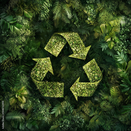 Obraz na płótnie Ciclo de reciclagem com fundo verde arborizado, simbolizando a harmonia entre natureza e práticas sustentáveis. A foto destaca a importância da reciclagem para a preservação ambiental w salonie