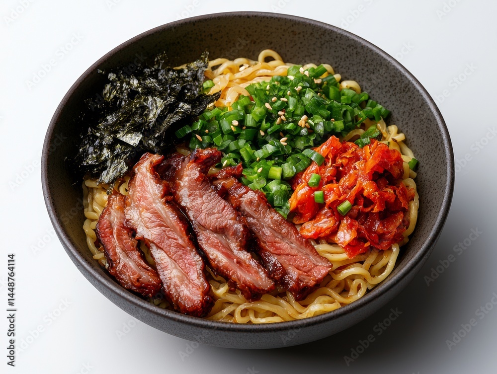 Fototapeta premium Gourmet Ramen Bowl with Sliced Steak, Kimchi, and Seaweed Nori