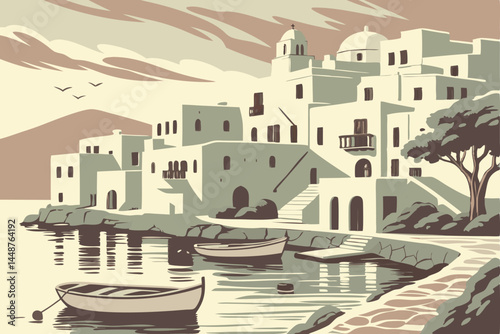83 Mediterranean coastal town, white-washed buildings, reflective water, cubist architecture, Greek island aesthetic, watercolor painting style, muted earth tones, clustered houses, abstract reflectio
