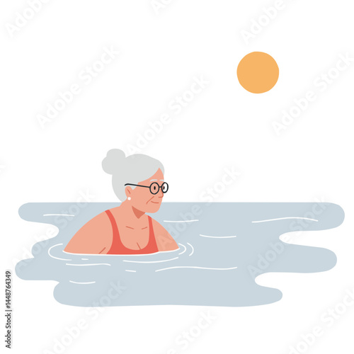 Elderly woman swimming in lake - vibrant senior woman enjoying swim in clear lake water, sunlight glistening on surface, embodiment of active aging.