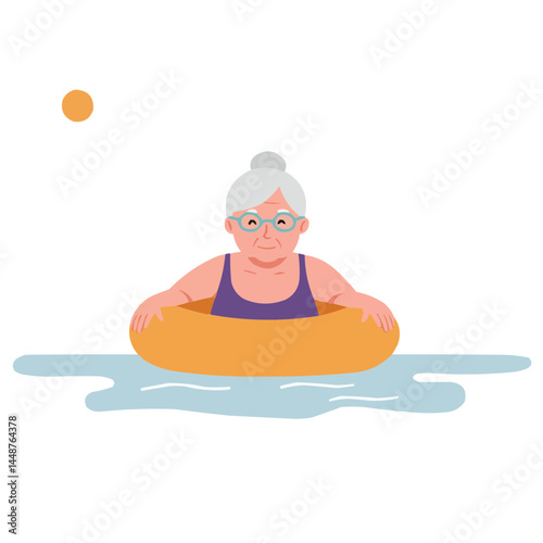 Elderly woman swimming in lake - vibrant senior woman enjoying swim in clear lake water, sunlight glistening on surface, embodiment of active aging.