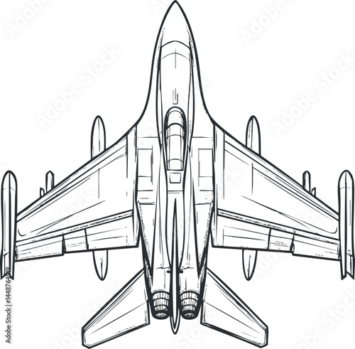 Top view sketch of a modern fighter jet airplane with detailed wings and cockpit