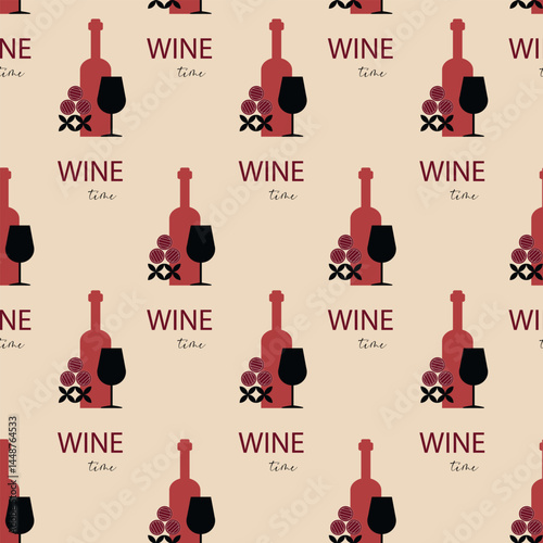 Modern Wine Time Repeat Pattern with Grapes and Typography. Seamless wine time pattern with wine bottles, glasses, decorative grapes, and text on beige background