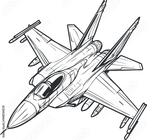 Black and white line art drawing of a modern military fighter jet aircraft from an angled top view