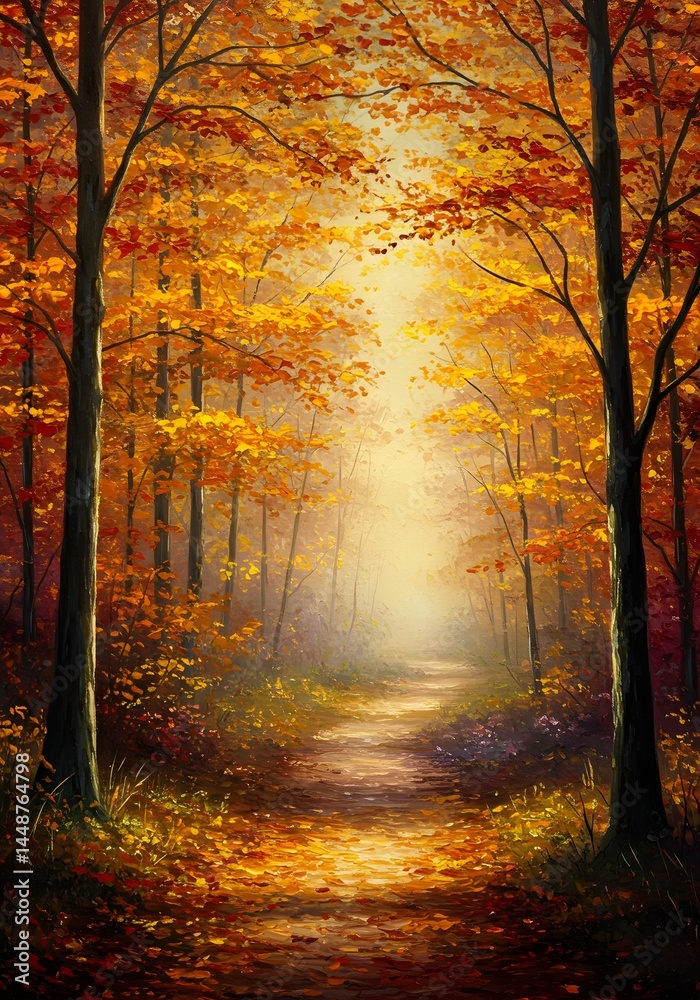 Fototapeta premium Serene autumn landscape: A luminous path guides through a vibrant forest of amber and gold, evoking tranquility and the splendor of seasonal change