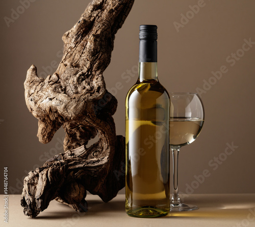 White wine and old snag on a beige background.