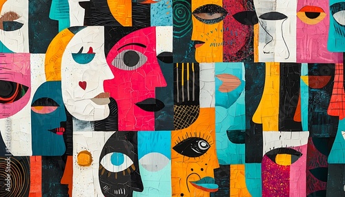 Abstract art seamless pattern representing a diverse multi-ethnic community, depicted in a modern collage painting style