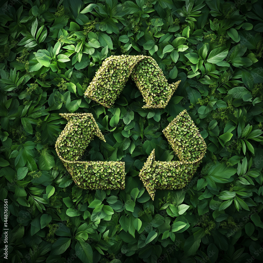 Foto representando o ciclo de reciclagem sobre fundo verde arborizado, destacando a harmonia entre as árvores e a sustentabilidade. A imagem promove a importância da preservação ambiental
