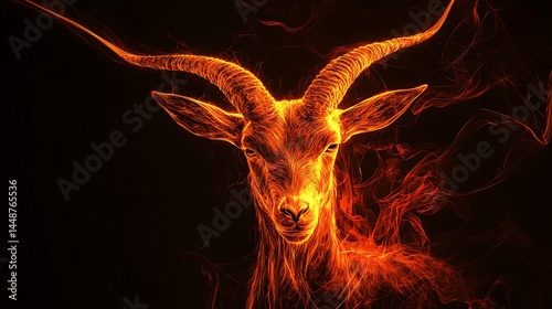 Fiery goat with vibrant fire streaks in front of a deep shadowy background generative ai