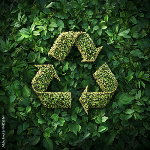 Foto representando o ciclo de reciclagem sobre fundo verde arborizado, destacando a harmonia entre as árvores e a sustentabilidade. A imagem promove a importância da preservação ambiental