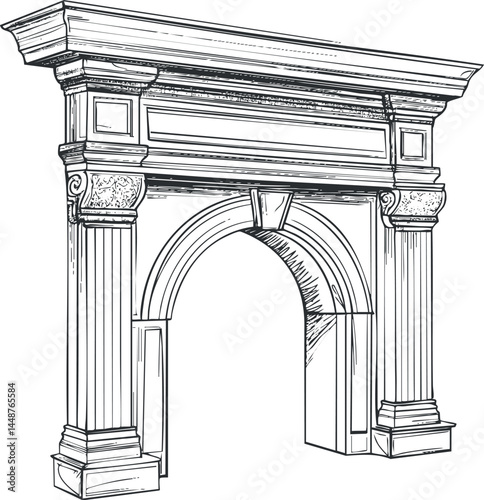 Detailed black and white sketch of an ornate classical fireplace mantel with decorative columns and arch