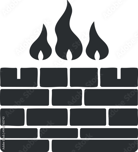 Black silhouette illustration of a brick fireplace with three stylized flames burning on top